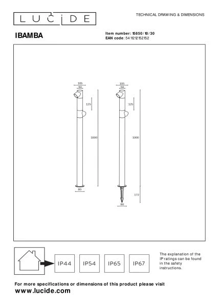 Lucide IBAMBA - Borne extérieur - LED - 2x6W 3000K - IP65 - Noir - technique